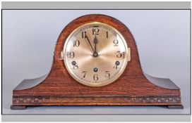 Napoleon Shaped Oak Cased Mantel Clock, Circa 1940s, Westminster Chimes on quarter, half, three