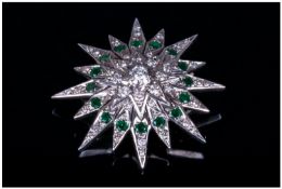 Impressive and Elegant 1950's Metamorphic 18ct White Gold Diamond and Emerald Starburst  Brooch/