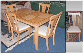 Modern Bleached Beech/Elm Dining Table and 4 upholstered Chairs with inlayed geometric pattern.