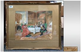 E Bolten Framed Watercolour. Titled "The Point Of The Story" after A Weber. Signed and dated by E