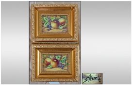 Framed Painted Panels In The Royal Worcester Style, depicting fruits still life. Signed lower