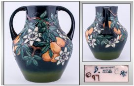Moorcroft Large Modern Two Handled Vase, 'Passion Fruit' Design. Designer Rachael Bishop. Produced