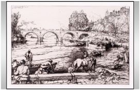 Auguste Lepere (French 1849-1918). L'Abreuvoir Au Pont Marie. Original etching. 9 x 12 inches