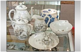 Part Japanese Tea Set. Comprising teapot, cream jug, lidded sugar bowl, bowl and side plate.