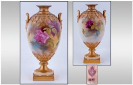 Royal Worcester Hand Painted Two Handled Pedestal Vase. Roses still life, unsigned. Date 1924.