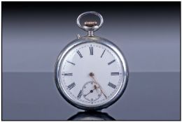 Open Face Pocket Watch, white enamel dial with Roman numerals. White Metal Continental 38mm case.
