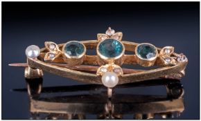 Victorian Art Nouveau 15ct Gold Set Emerald And Seed Pearl Brooch, Marked 15ct. 3.1 grams. Excellent