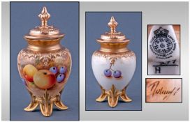 Royal Worcester Hand Painted And Signed Fruits Vase And Cover, signed Roberts. Height 5.25 inches.