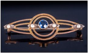 Edwardian Elegant 9ct Gold Set Sapphire And Seed Pearl Brooch, marked 9ct. Width 1.5 inches.