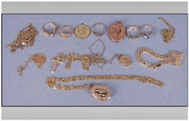 Collection of Gold Items comprising locket and chain, bracelet and three pendants with chains,