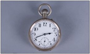 Large Open Face Railway Style Pocket Watch, white enamel dial, Arabic numerals, 69mm nickel plated