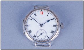 Early 20th Century Silver Trench Watch, white enamel dial, Roman numerals, 32mm silver case.