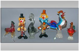Six Murano Style Glass Pieces comprising two clowns, one cockerel, two ducks and one horse. A/F