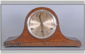 Napoleon Shaped Oak Cased Mantel Clock, Westminster Chimes on quarter, half, three quarter and