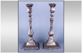 Pair Of Square Sectional Silver Plated Candlesticks In The Georgian Style, square tapered column,