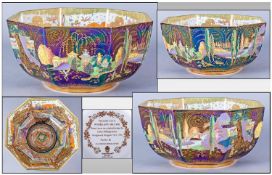 Fairyland Lustre Octagonal Bowl Woodland Bridge pattern decorating the interior of the bowl with a