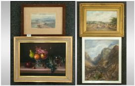 Four Pictures comprising 2 Watercolours and 2 Oils. Comprising Still Life, Harvest Scene,