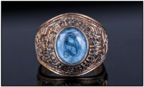 10ct Gold American College Ring, Set with a central blue faceted stone, marked South High School 84.