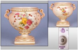 Royal Worcester Hand Painted Blush Ivory Classical Shaped Two Handled Vase, date 1912. With