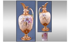 Royal Worcester Hand Painted Blush Ivory Urn Shaped Jug. Date 1896. Floral images, gold borders.