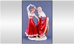 Royal Dux Fine Art Deco Figure. "Dancing Girls In Red Dress." By Elly Strobach. Pink triangle to