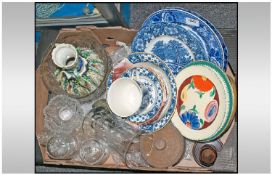Miscellaneous Box of Pottery including blue and white pottery items, glass ware, celery vase, two