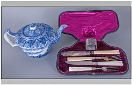 Victorian Cased Plated Cutlery Set with a bone handled knife and fork set and mother of pearl