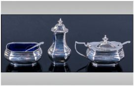 Art Deco Silver Three Piece Cruet Set. Comprises pepperette, mustard pot, salt pot. Hallmark