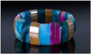 Banded and Cloudy Agate Multicolour Bracelet, domed rectangular agate beads in turquoise, aqua,