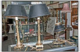 Pair Of Contemporary Brass Table Lamps. Black shades, 27 inches high. Together with a small modern