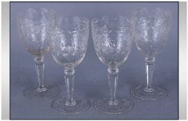 Set of Four Wine Glasses, etched decoration to the glass. c 1930's