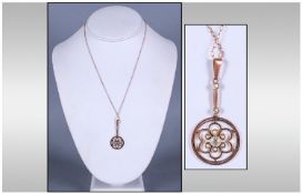 9ct Gold Pendant, set with central moonstone surrounded by 6 pearls in a flower setting, with a