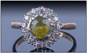 18ct Gold Set Diamond and Peridot Cluster Ring, Flowerhead Setting. Marked 18ct. c.1920's.
