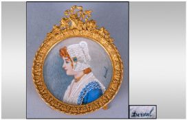 A Very Fine Small Ivory Miniature Of A French Girl In A Lace Hat. Signed Dezoil., In an Ormalou