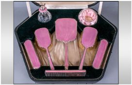 Art Deco Silver & Enamel Cased 8 Piece Ladies Dressing Table Vanity Set. Hallmark Birmingham 1931.