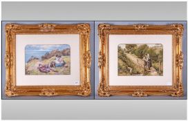 Birkett Foster Pair of Coloured Prints, framed and mounted behind glass, 'Children in Countryside