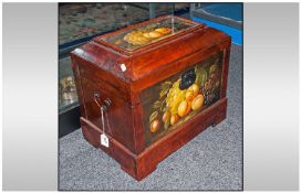 Small Painted Wooden Trunk with a dome top & side. Carrying handles, the top and front painted