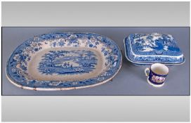 Large Blue and White Meat Platter showing a young Regency couple and child before a river with