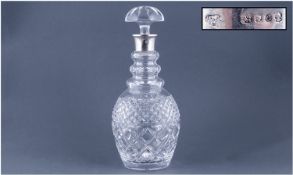 A Silver Banded And Cut Crystal Decanter Of Pineapple Form. Hallmark London 1977. Stands 11.75