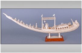 Indian 19th Century Fine Large Ivory Carving Of A Maharajas Ceremonial Barge, with figures. Height 7