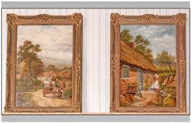 W.J.Hill Pair Of Large Oils On Canvas 'Cottages & Figures In a Country Setting' Each painting is