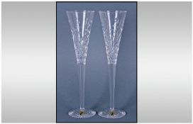 Waterford Cut Crystal Pair Of Champagne Flutes, "Happy Wishes Celebration" design. Complete with