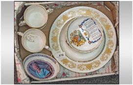 Collection Of Aynsley Pottery Commemorative Ware. To include a dish, twin handled mug and plate to
