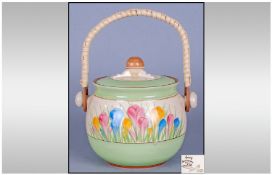 Royal Staffordshire Clarice Cliff Hand Painted Single Handle Biscuit Barrel, spring crocus