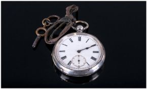 Vintage Fine Silver Marked Open Faced Key Wind Pocket Watch, white dial, black numerals. Circa 1900.