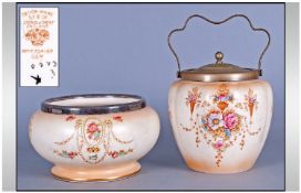 Devon Ware Biscuit Barrel and salad bowl, with blush floral decoration. 6 and 5 inches in height.