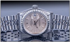 Ladies Rolex Oyster Perpetual Date, Silvered dial, batons and hands with date aperture, Stainless