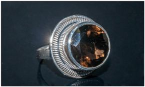 Hand Made Smoky Quartz Solitaire Ring, a large round cut smoky quartz of 12.5cts, faceted to the