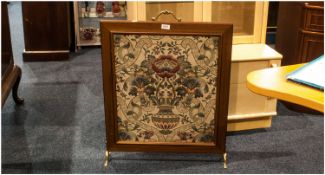 Mahogany Fire Screen, Floral Tapestry Front. Brass Mounts. 30`` in height, 24`` in width