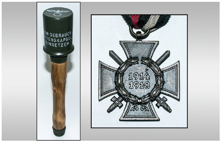 In the style of German Practise Stick Grenade + WW1 Hindenburg Cross Medal